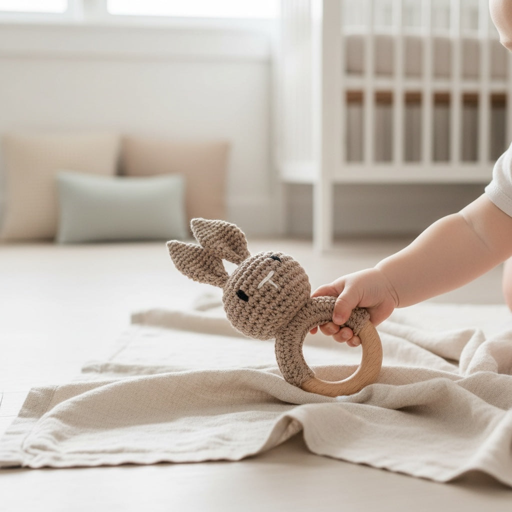 Hand holding crochet bunny rattle with wooden ring, handmade baby rattle toy