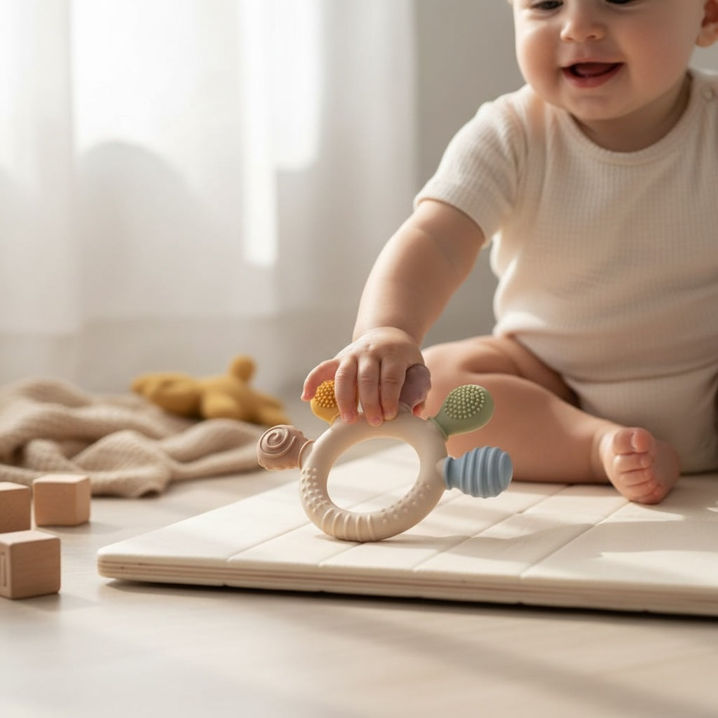Baby playing with silicone sensory teething ring, safe BPA-free teether for infants