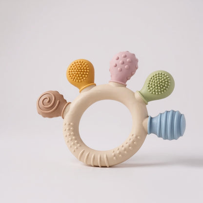 Silicone sensory teething ring with textured shaped, BPA- free baby teether in pastel colours