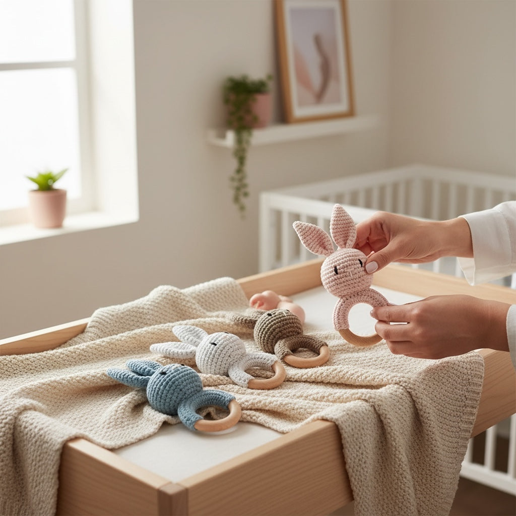 Crochet bunny rattle on crib, soft cotton baby activity toy