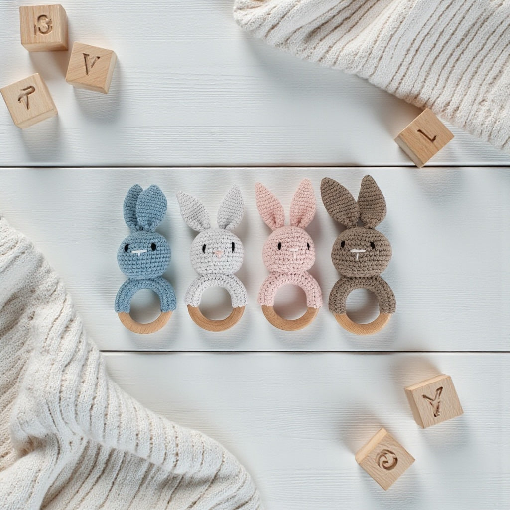 Crochet bunny rattle with wooden rings in neutral colour, handmade baby rattles