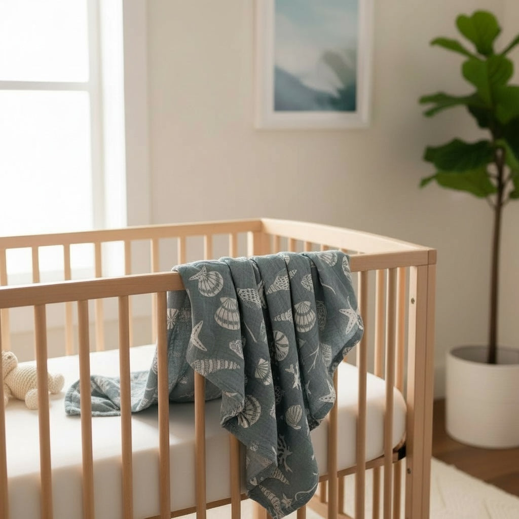 Wooden baby cot styled with a soft muslin blanket in a calm neutral nursery setting