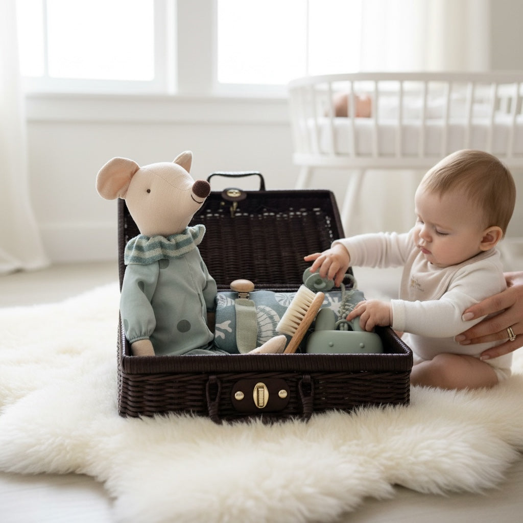 Baby sitting on a rug interacting with a mouse baby gift hamper in a  wicker suitcase