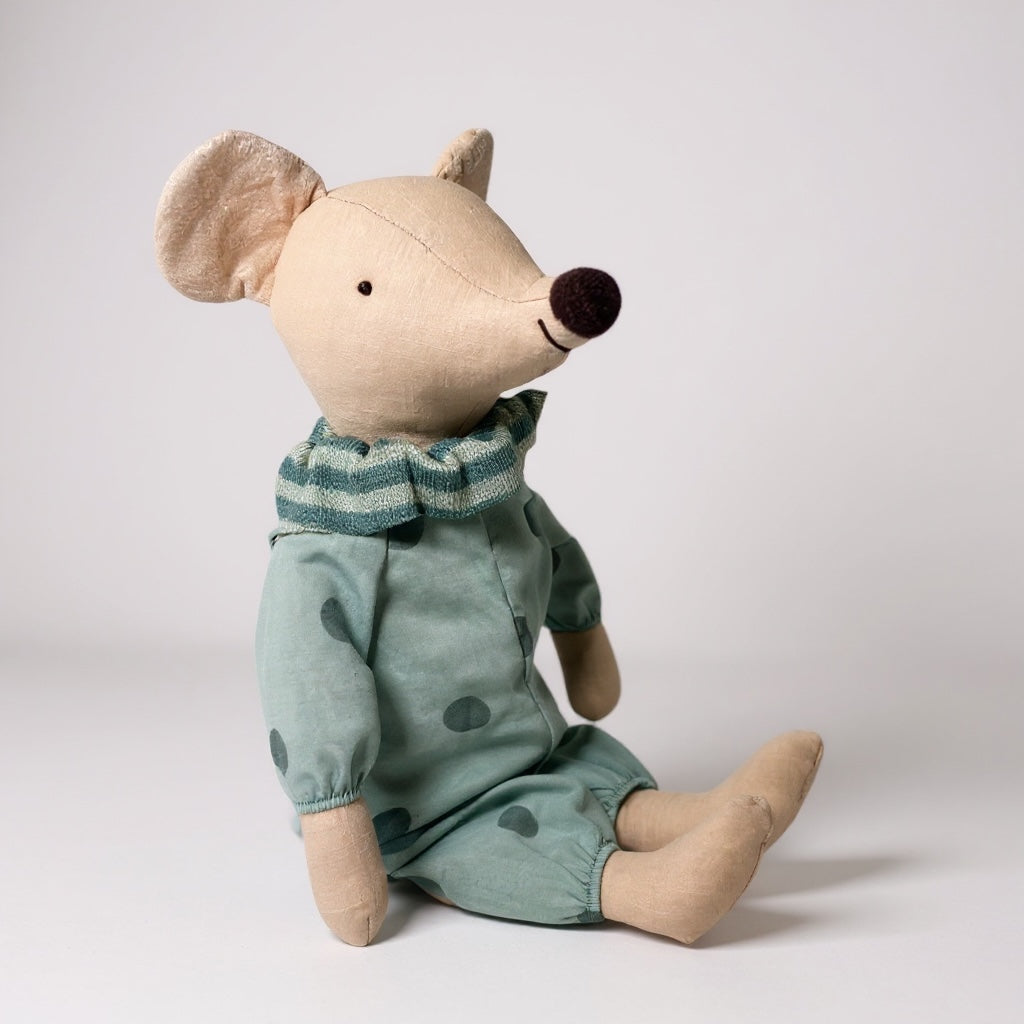 Soft mouse plush toy dressed in a green outfit, styled as a nursery keepsake
