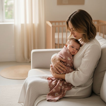 Newborn baby wrapped in a soft muslin blanket, held gently by a mother in a calm nursery setting with a wooden cot in the background.
