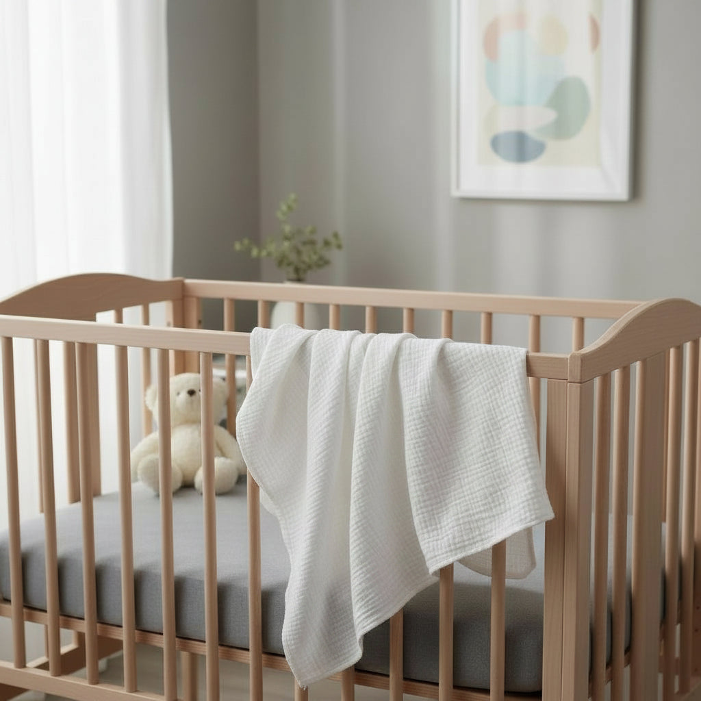 Wooden baby crib with a soft white blanket draped over the side anda neutral nursery background.