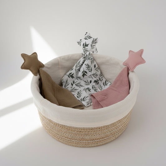 Star shaped cotton muslin comfort blanket in neutral tones displayed in a woven baby gift basket