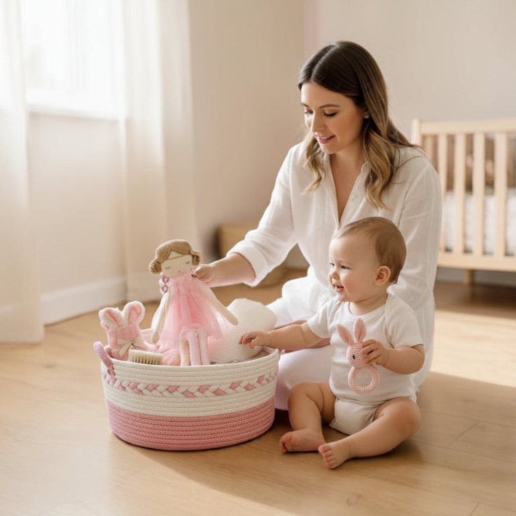 Mother sitting on the floor with her baby in a soft nursery, playing with a pink baby gift basket containing a doll, bunny rattle blanket and baby accesories.