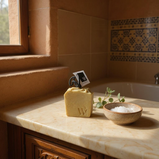 Artisan rope soap on a marble bathroom counter with ceramic bowl of bath salts and greenery