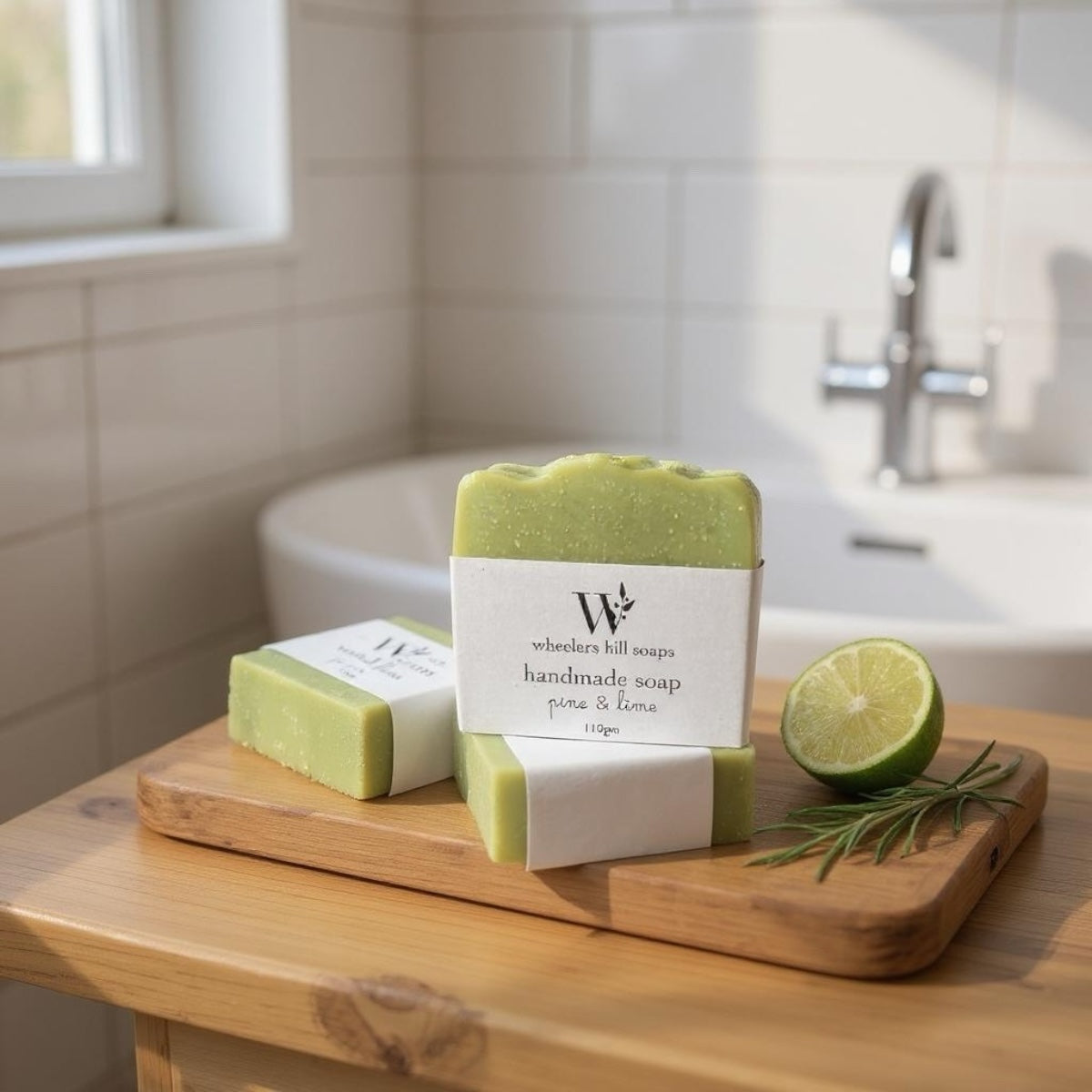Handmade artisan soap bar with lime and botanicals on a wooden board in a bathroom setting