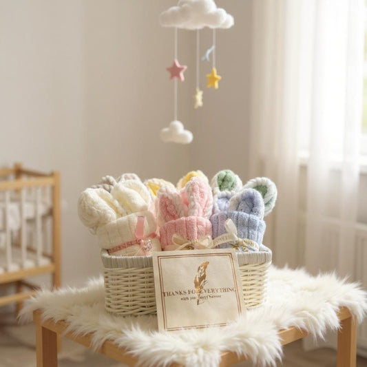 Soft baby bunny mini towel displayed in a basket, perfect for newborn care and baby gifts.