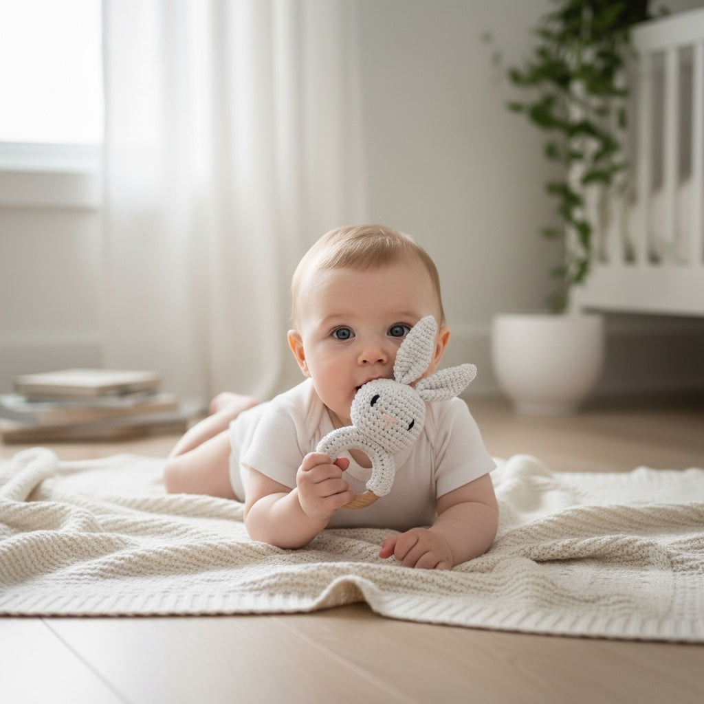 Baby lying on a knitted blanket holding and chewing a crochet teether in a soft nursery setting