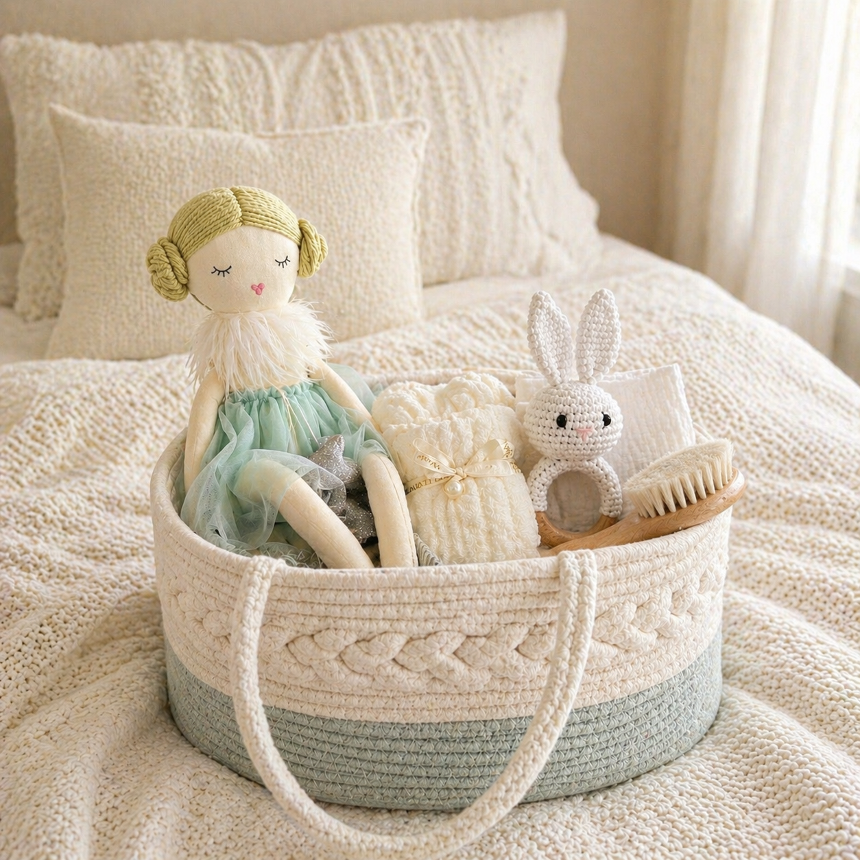 Neutral baby gift basket with soft doll, crochet bunny rattle, wooden brush and essentials on a bed with cozy white bedding