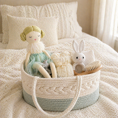 Neutral baby gift basket with soft doll, crochet bunny rattle, wooden brush and essentials on a bed with cozy white bedding