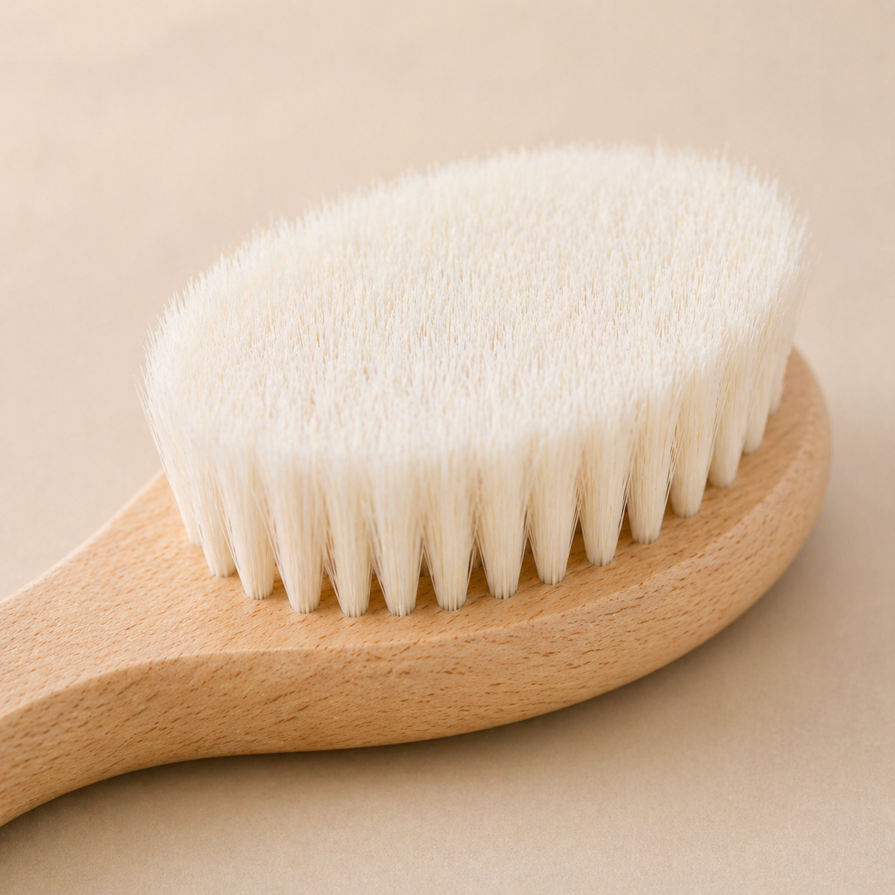 Close- up soft natural wool bristles on baby hair brush for delicate scalp care.