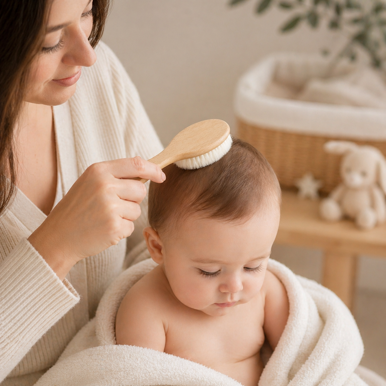 Mother gently brushing baby hair with soft wool baby brush.