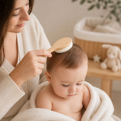 Mother gently brushing baby hair with soft wool baby brush.