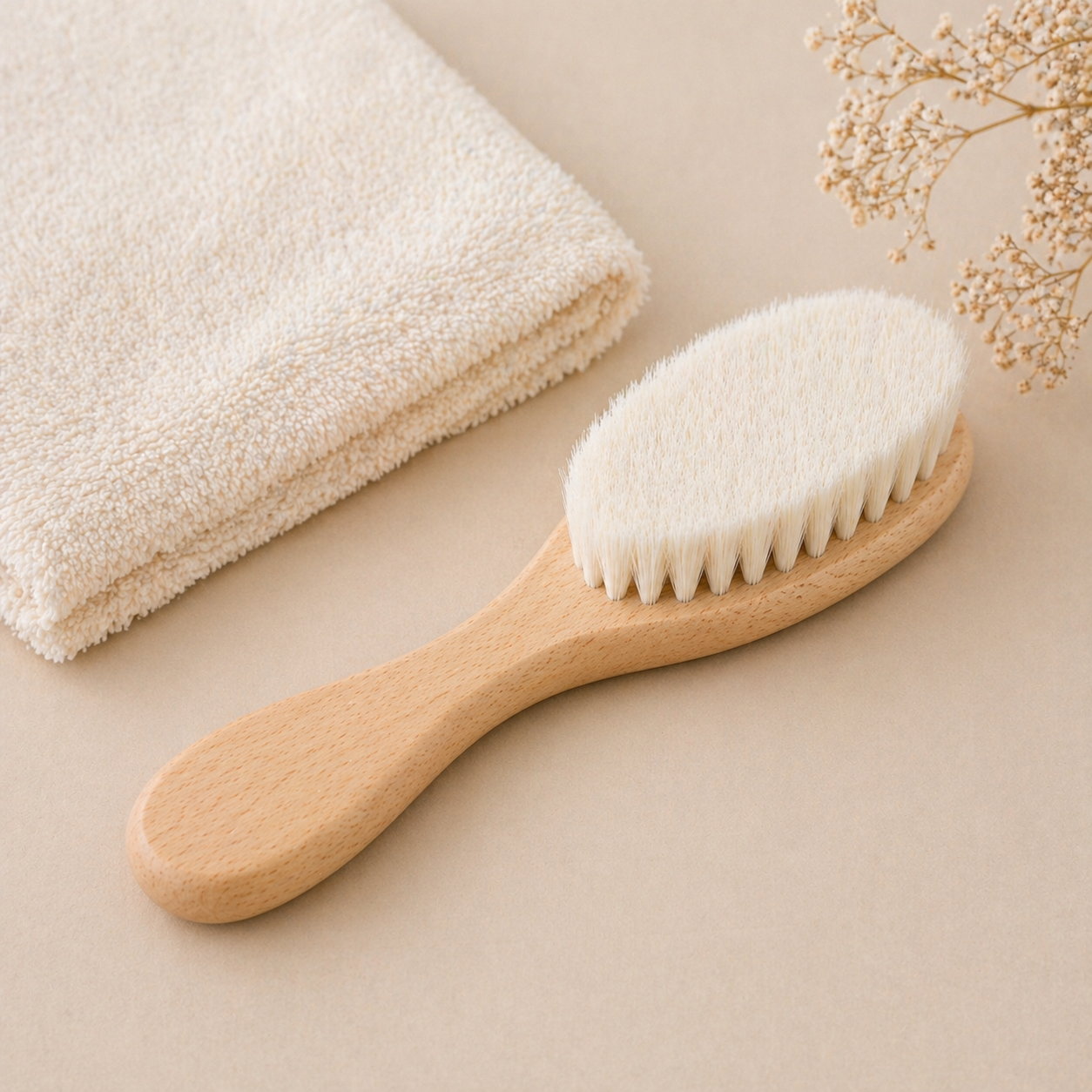 Baby hair brush with soft towel in neutral setting for newborn care routine.