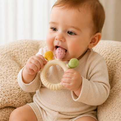 Baby holding and chewing silicone teething ring for teething relief.