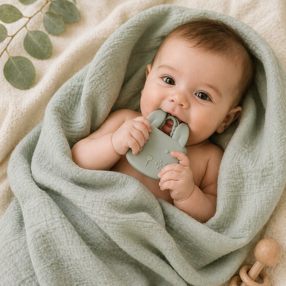Baby wrapped in organic muslin swaddle using silicone bunny teether neutral baby gift set 