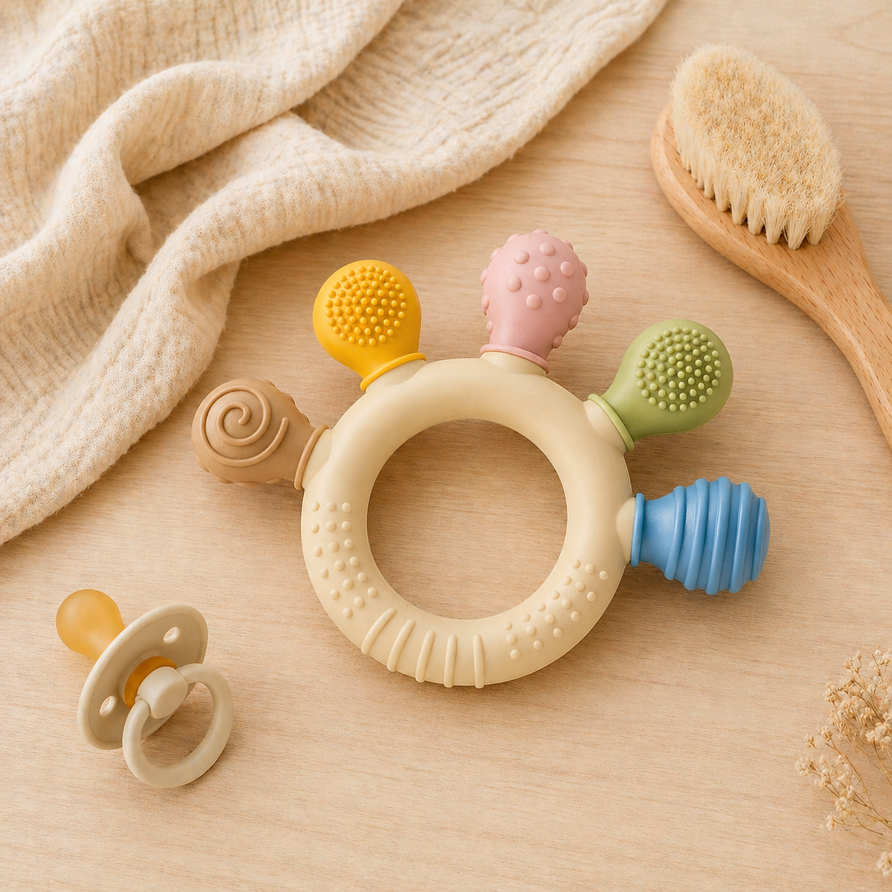 Baby teething ring on wooden surface with muslin cloth and natural baby accessories.
