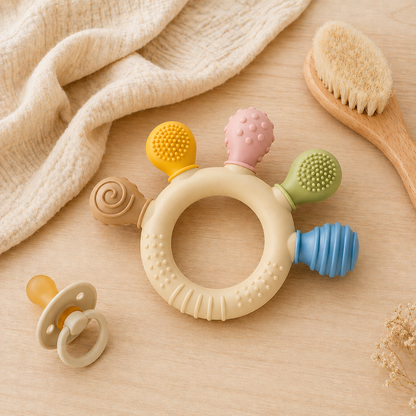 Baby teething ring on wooden surface with muslin cloth and natural baby accessories.