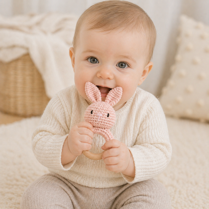Baby holding and chewing crochet bunny rattle teether with wooden ring in soft pink.