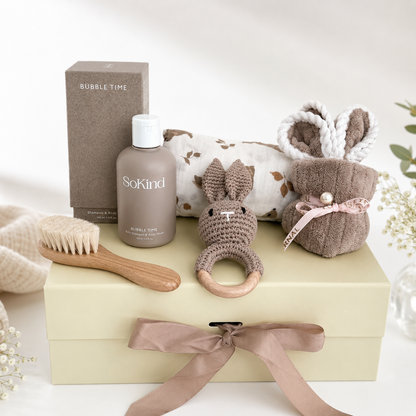 Bunny baby care box neutral edition — premium gender neutral newborn gift set Australia | Wrap With Love