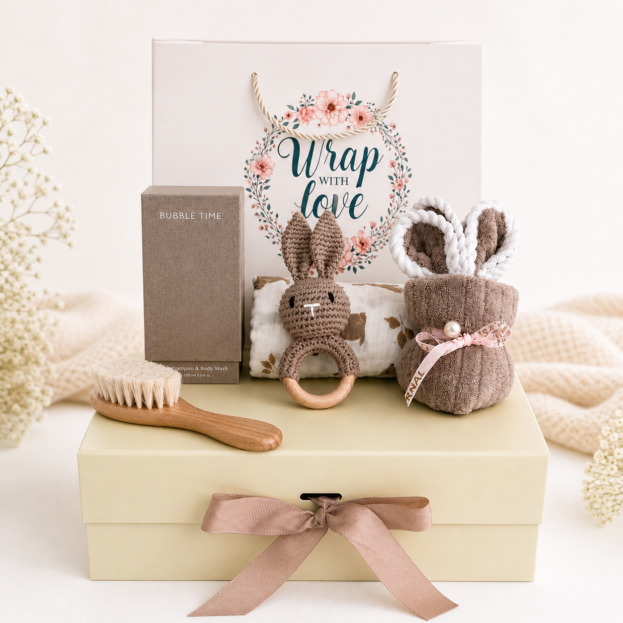 Bunny baby care gift box open showing crochet rattle, muslin swaddle and SoKind body wash | Wrap With Love