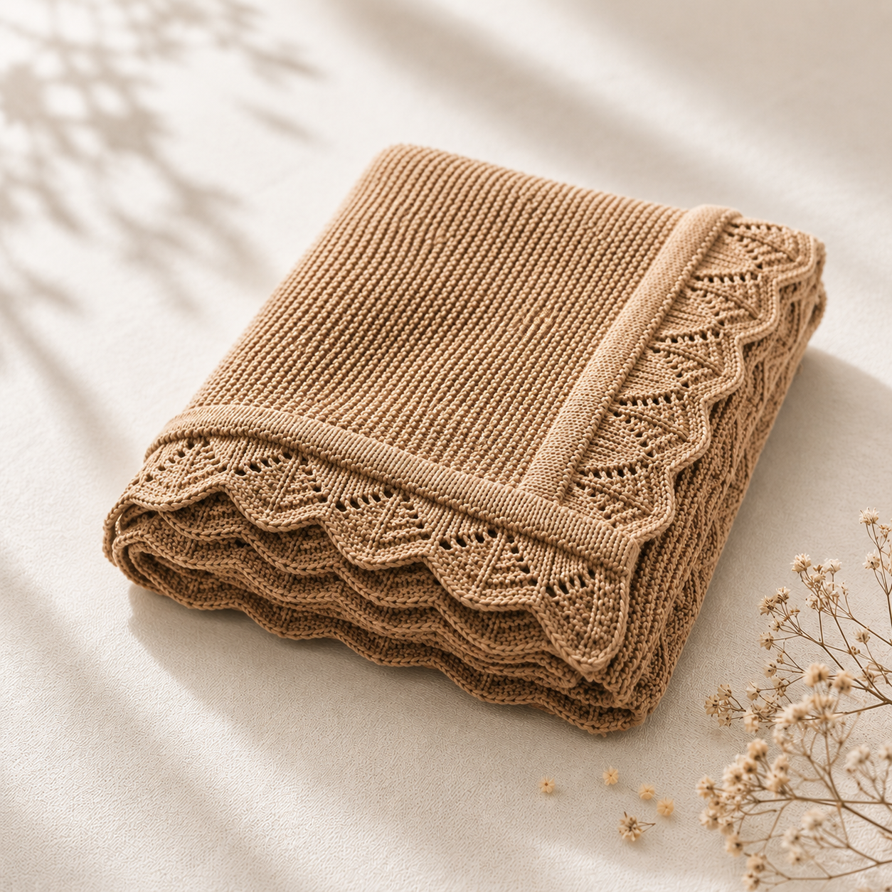 Soft camel knitted baby blanket with delicate lace trim folded on a neutral background and minimalist style