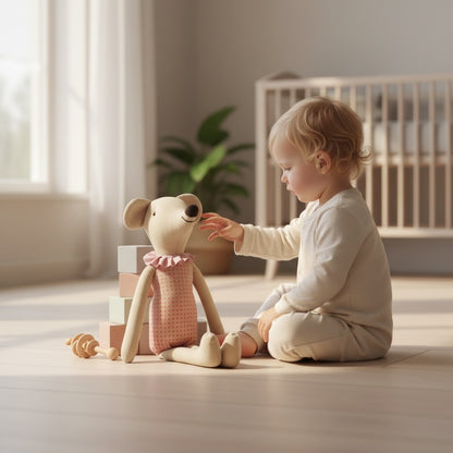 Child playing with soft mouse plush toy
