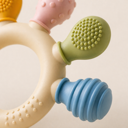 Close up of silicone teething ring texture for soothing baby gums.