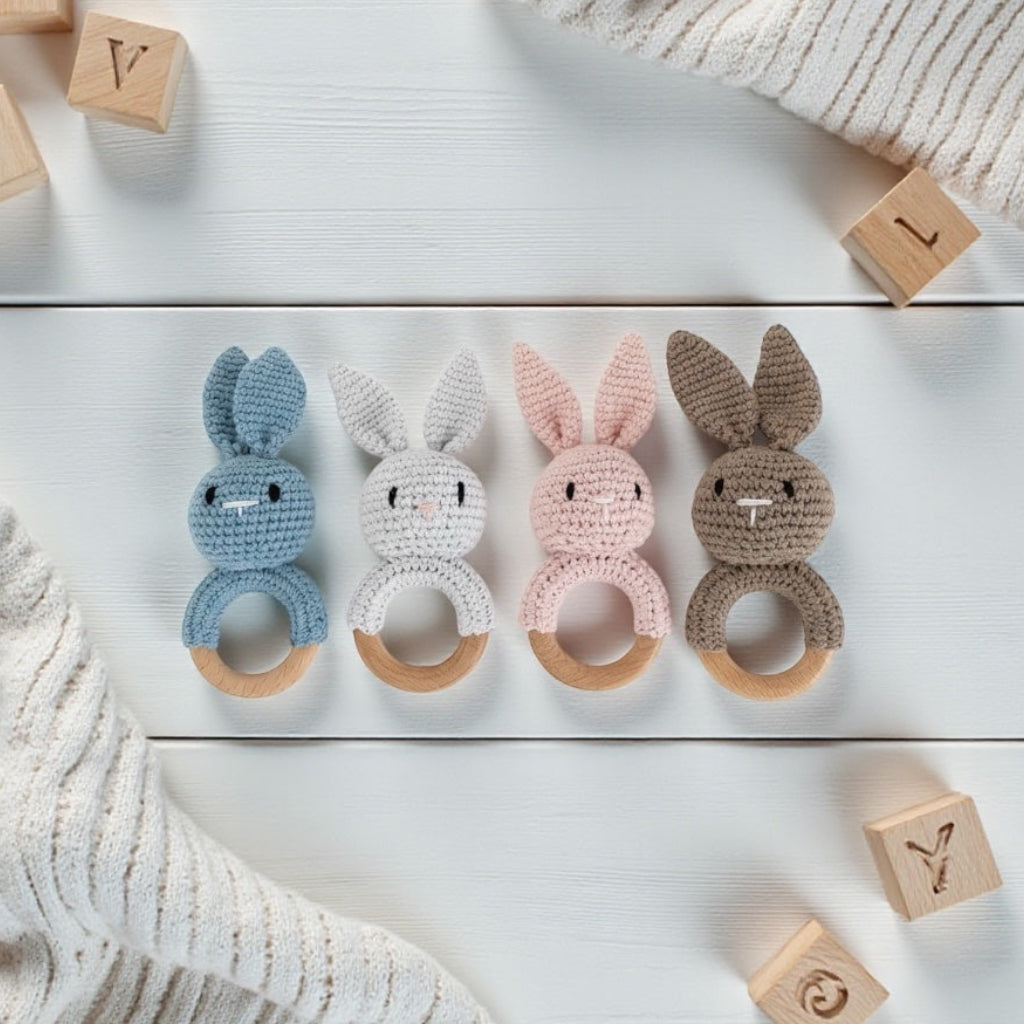 Crochet bunny rattle with wooden rings in neutral colour, handmade baby rattles