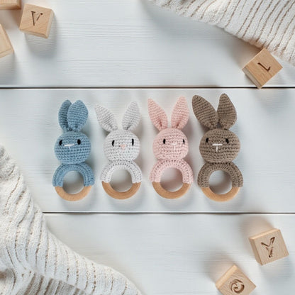 Crochet bunny rattle with wooden rings in neutral colour, handmade baby rattles