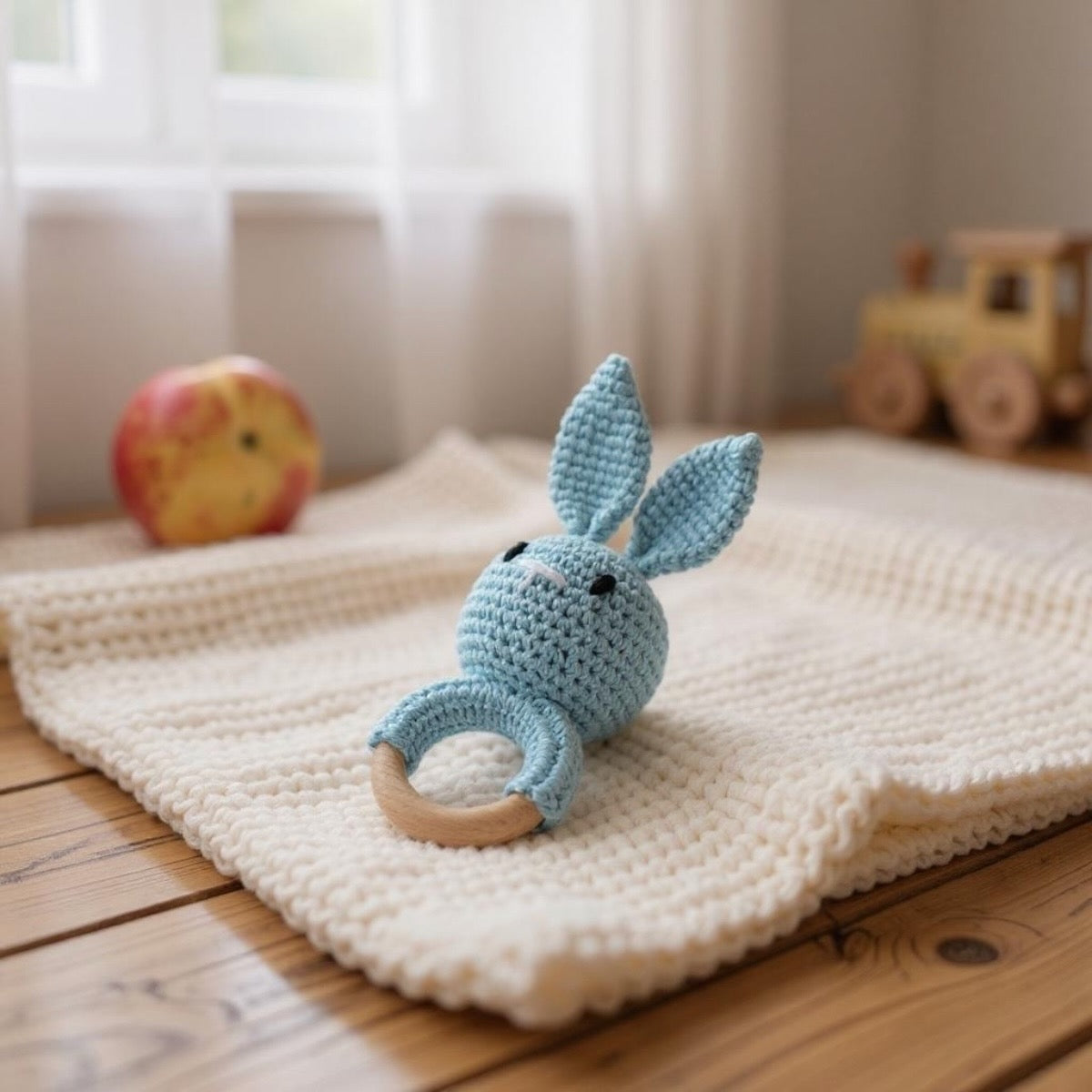 Blue crochet bunny rattle with wooden ring, handmade baby sensory toy