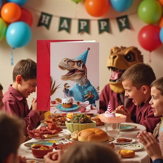 Dino Party Sweater – Funny Birthday Card - Wrap With Love