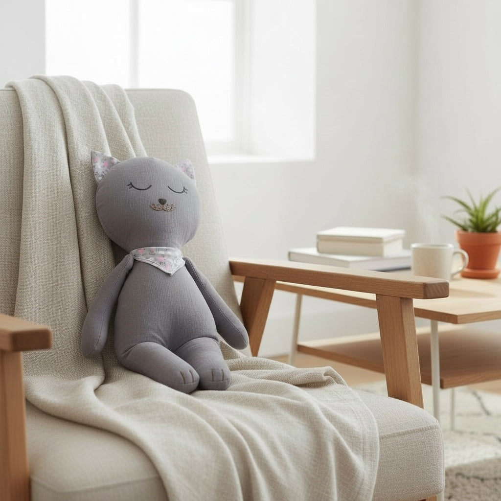 Soft grey kitten baby doll resting on an armchair with a neutral blanket