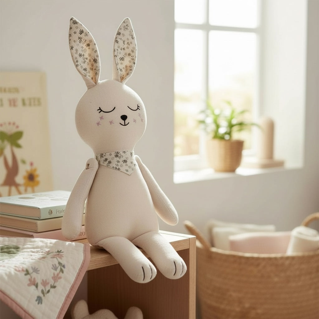 Soft cream bunny baby doll sitting on a wooden shelf in a neutral nursery setting