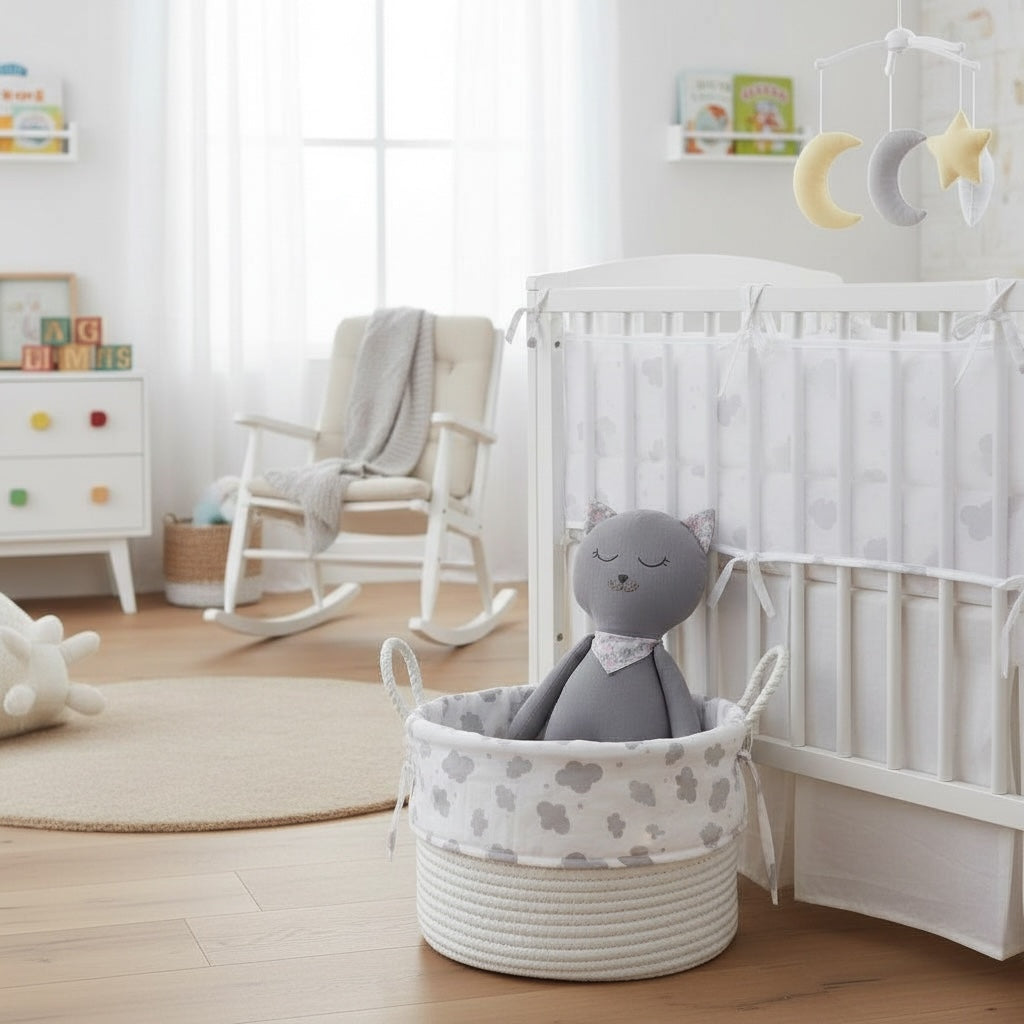 Soft grey kitten baby doll sitting in a fabric basket inside a neutral nursery with crib and rocking chair