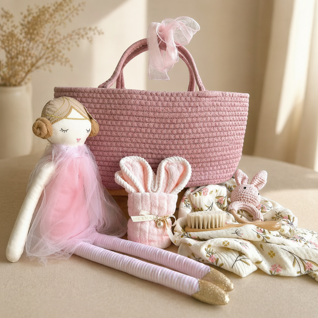 Luxury baby gift hamper with pink woven basket, soft doll in tulle dress, bunny towel, floral muslin blanket , bunny rattle and wooden brush in warm neutral seting