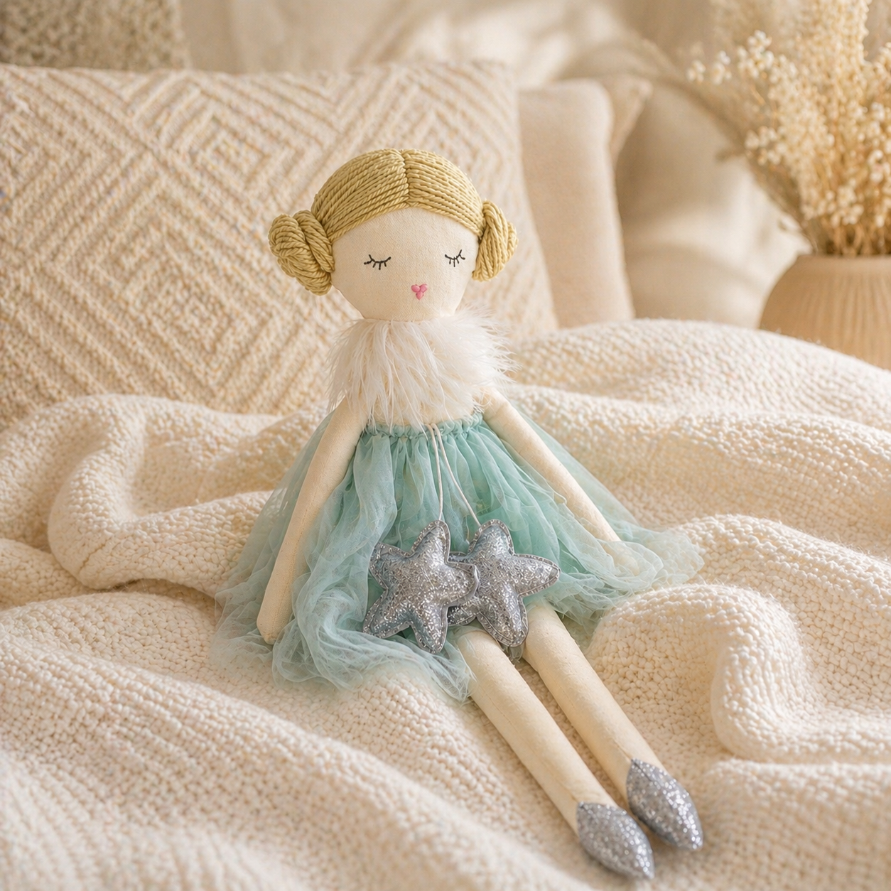 Handmade soft doll with pastel blue dress and star details sitting on a cozy neutral blanket
