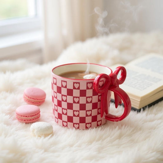 Red and white heart chequered ceramic mug with bow handle | Wrap With Love
