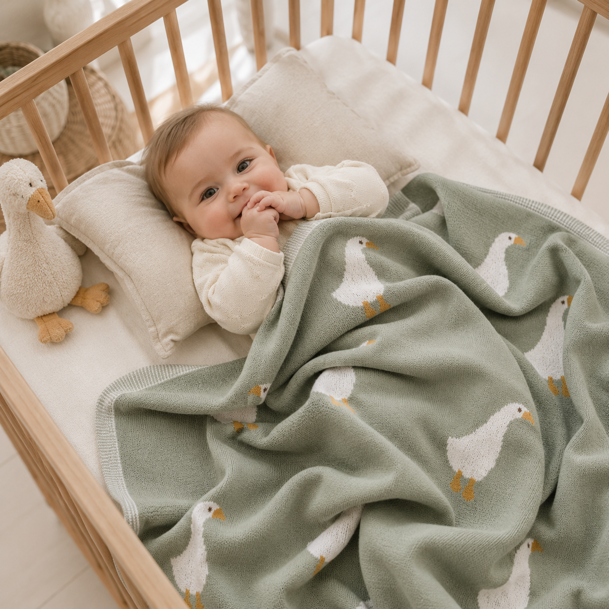 Smiling baby lying in wooden cot wrapped ion green knitted organic cotton baby blanket with white goose pattern by Wrap With Love