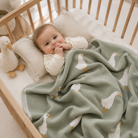 Smiling baby lying in wooden cot wrapped ion green knitted organic cotton baby blanket with white goose pattern by Wrap With Love