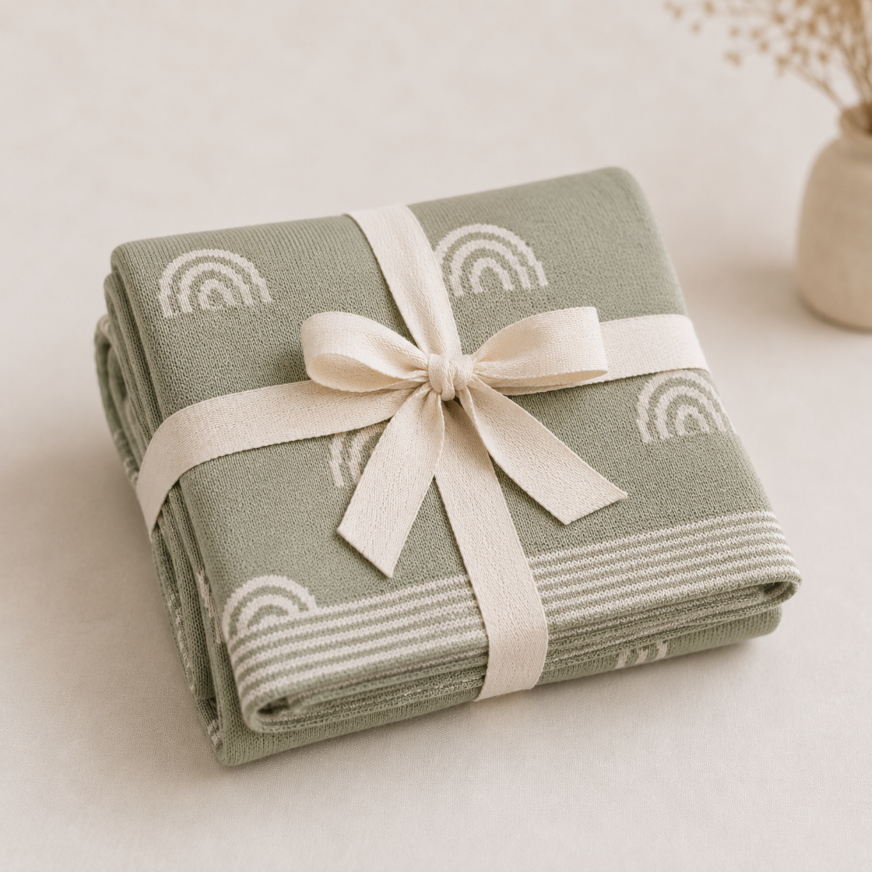 Folded green knitted organic cotton baby blanket with white rainbow pattern tied with cream ribbon bow, ready to gift by Wrap With Love