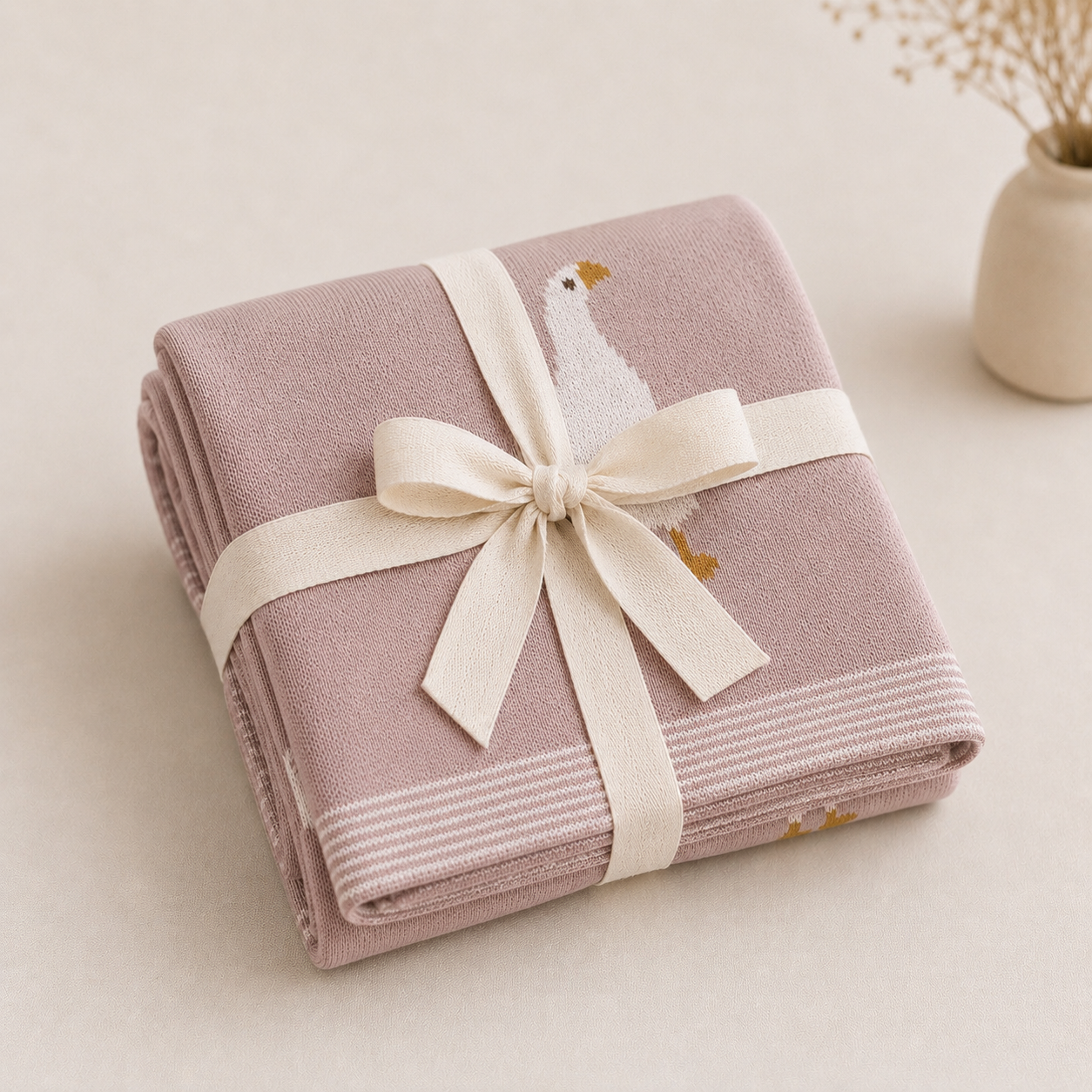 Folded pink knitted organic cotton baby blanket with white goose pattern tied with cream ribbon bow, ready to gift by Wrap With Love