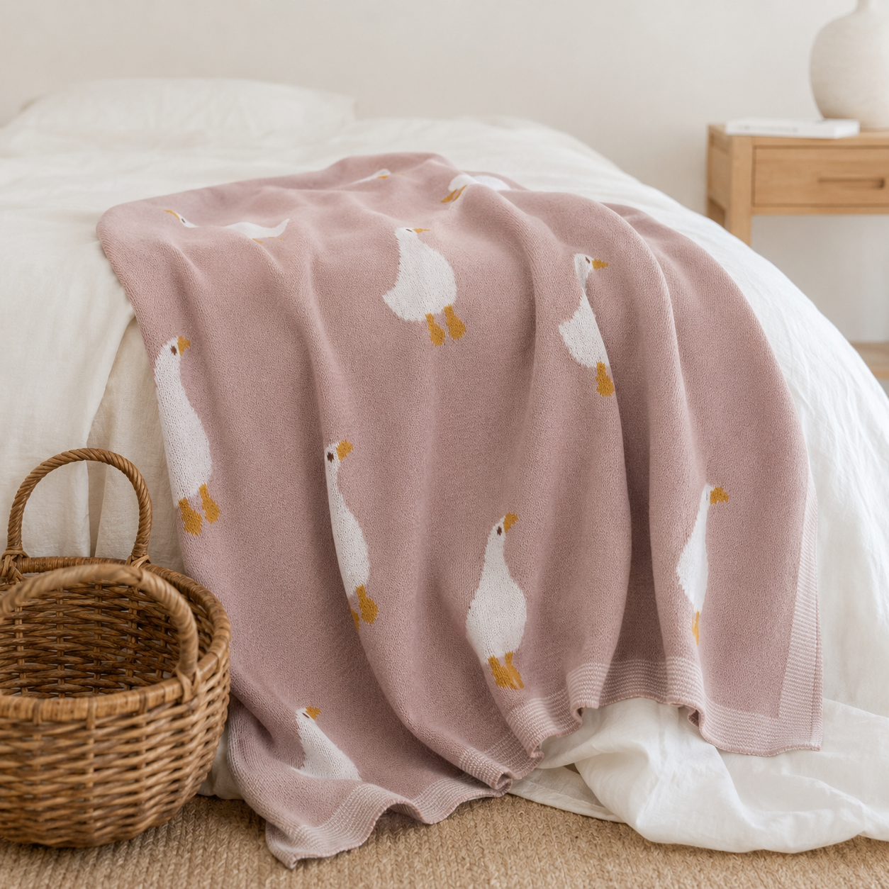 Pink knitted organic cotton baby blanket with white goose pattern draped over cot beside woven basket in nursery setting