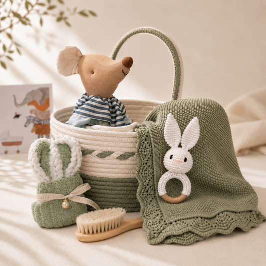 Luxury sage green baby gift basket with knitted blanket, crochet bunny rattle, baby towel, wooden baby brush and mouse plush toy in boutique nursery style