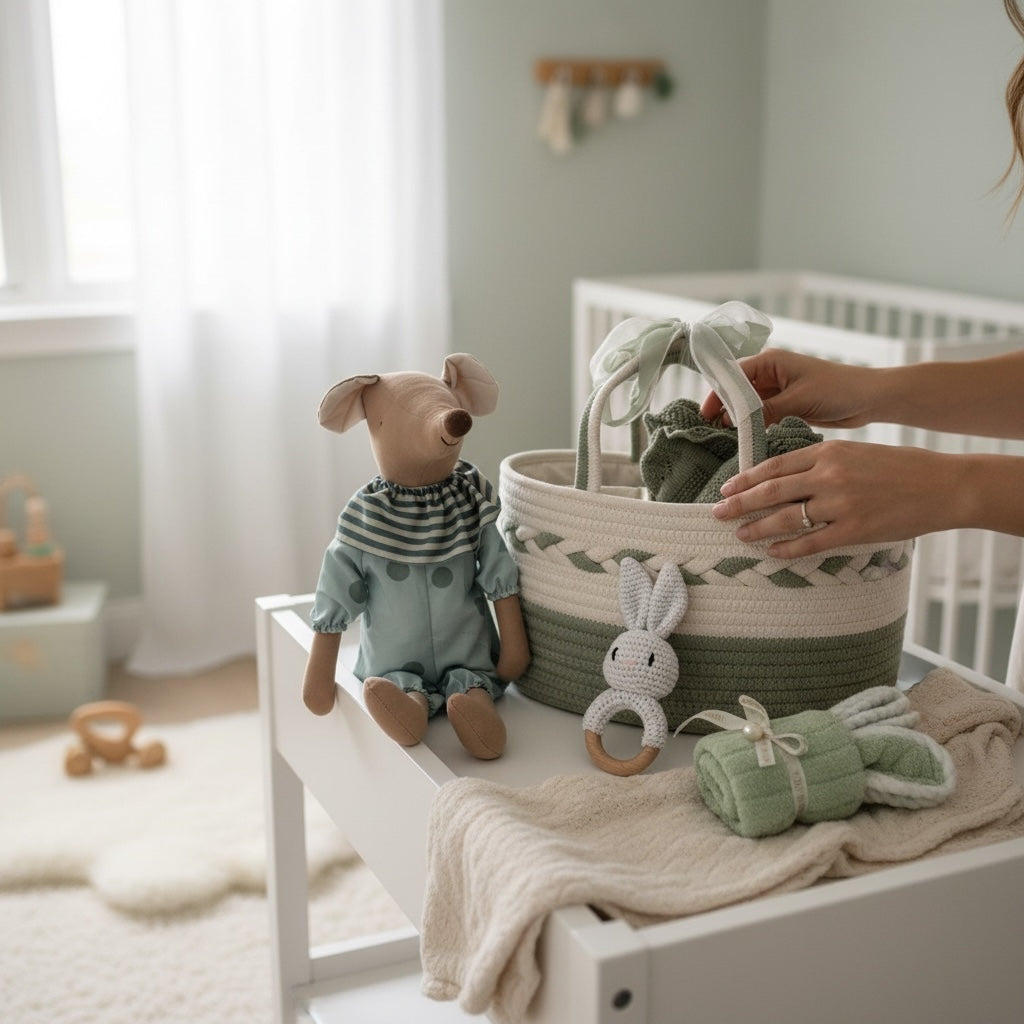 Mouse heirloom basket sage edition open showing Nico mouse plush, knitted blanket and baby essentials | Wrap With Love