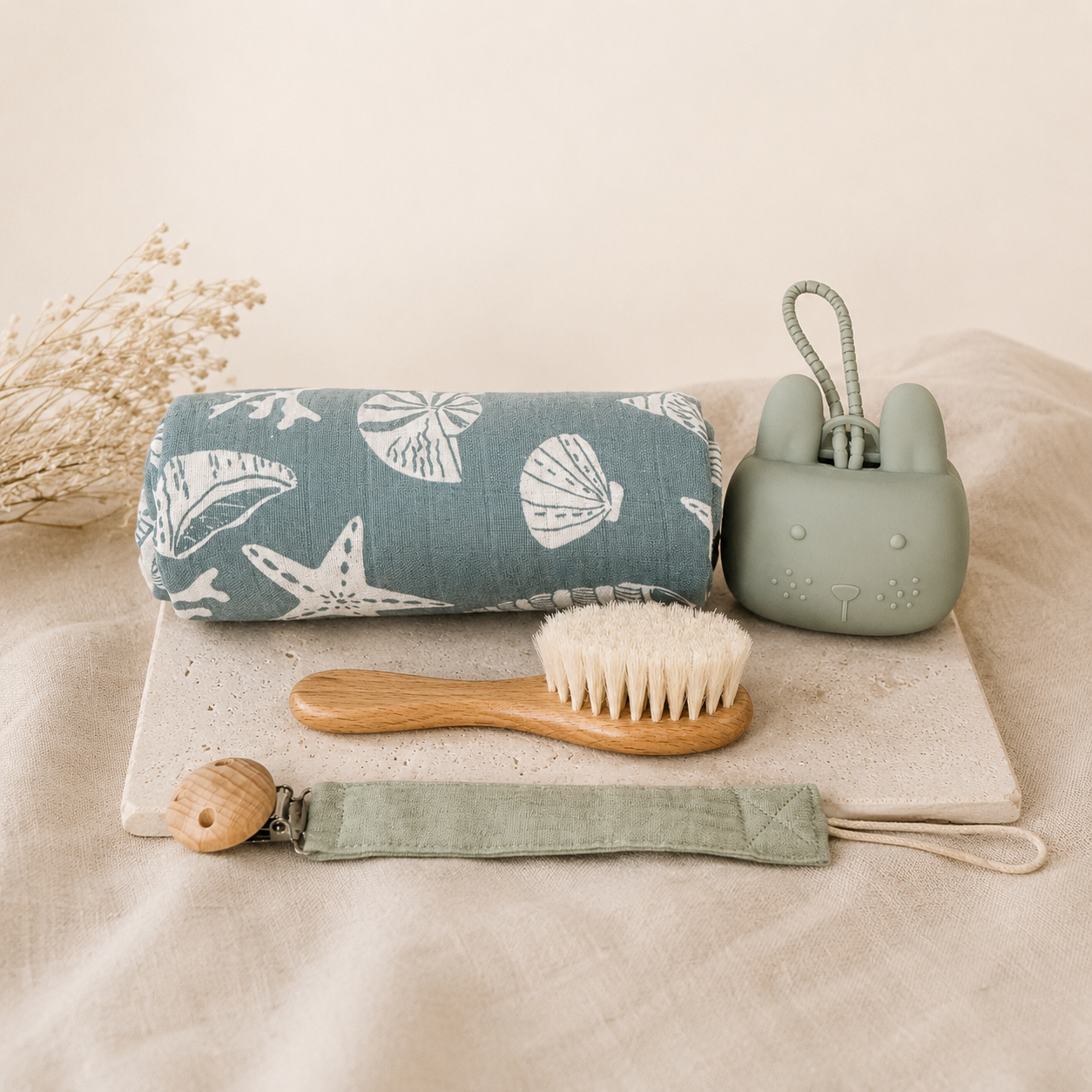 Mouse heirloom suitcase open showing Nico mouse plush and sage baby essentials | Wrap With Love